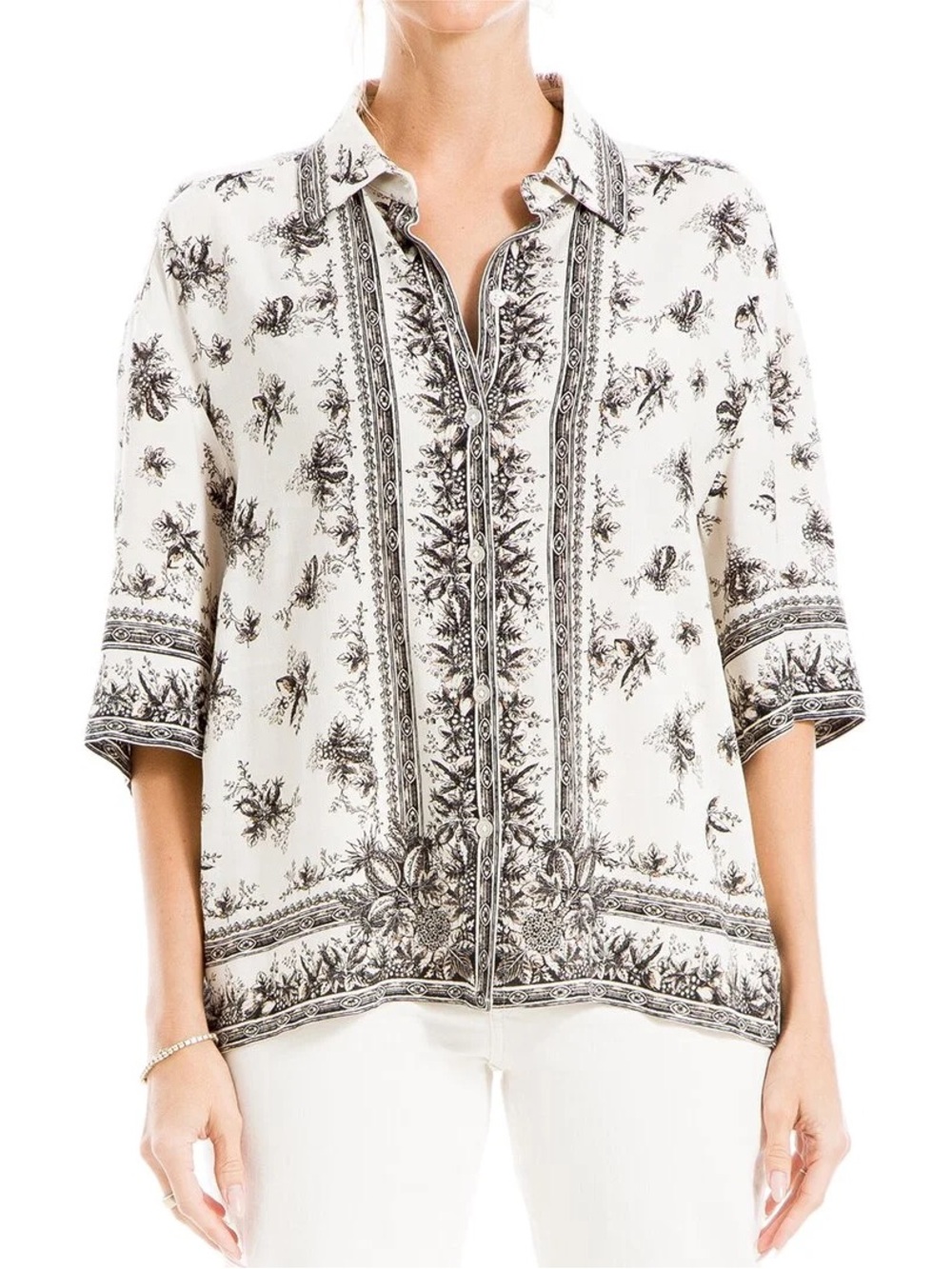 Max Studio Cream Button-Front Shirt with Black Botanical Border